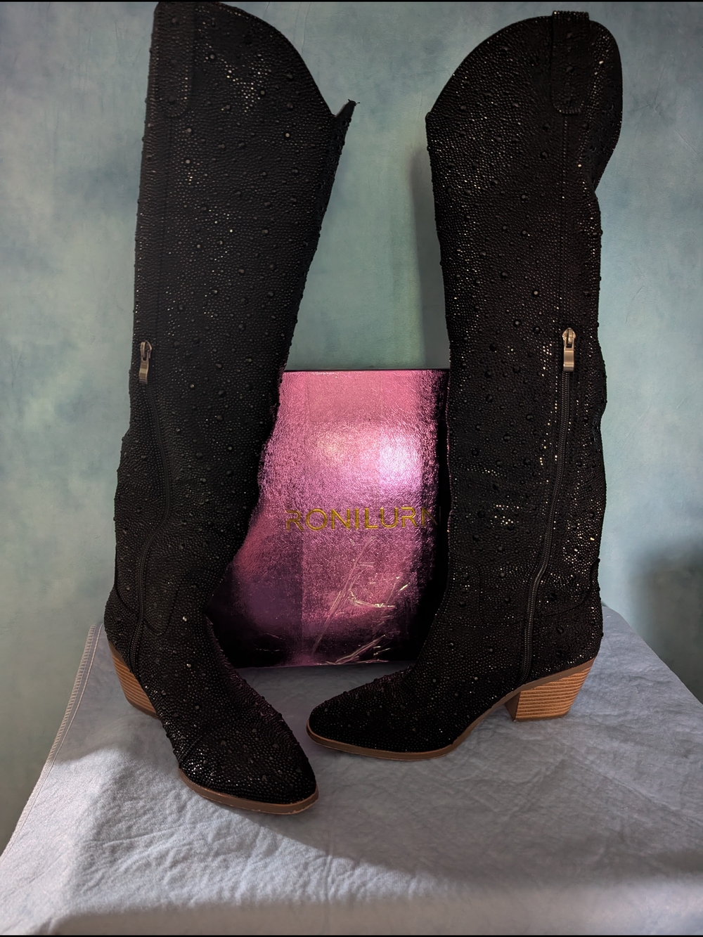 Black Knee-High Glitter Western Boots - Women's